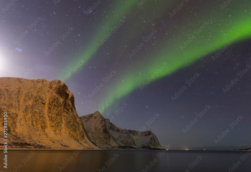 Northern lights at night in Norway in the Lofoten Islands