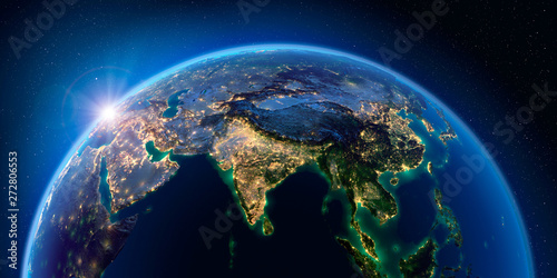 Earth at night and the light of cities. India. South-east Asia.