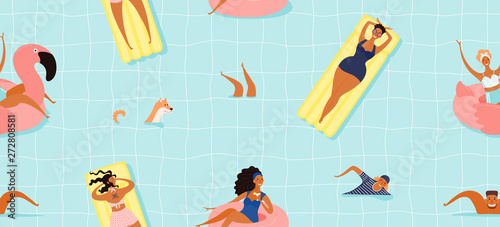 Hand drawn seamless vector pattern with happy young people in the pool, swimming, sunbathing, on a blue background. Flat style design illustration. Concept for textile print, wallpaper, wrapping paper