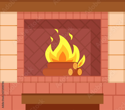 Brick fireplace with wooden logs and bright burning fire vector closeup. Interior with brickwork furniture, flame in hearth, warm stone heating firewood