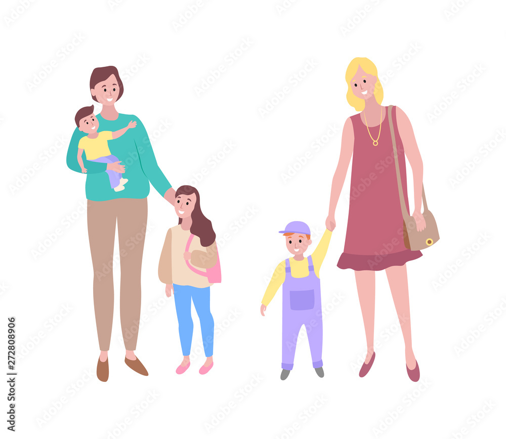 Motherhood vector, woman walking with son and daughter, lady with handbag strolling with toddler baby. Childhood, brother and sister with young mother Motherhood vector, woman walking with son and daughter, lady with handbag strolling with toddler baby. Childhood, brother and sister with young mother
