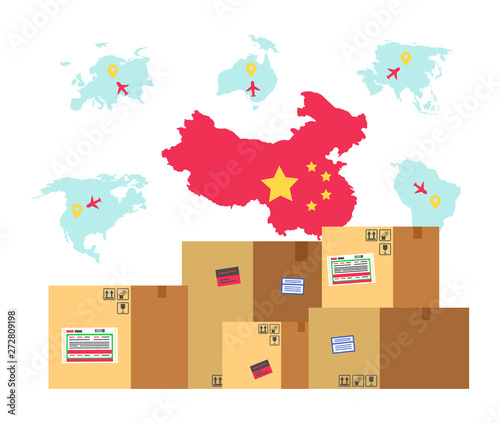 Cargo and China map with flag vector, location pointers and flights destinations, parcels with goods and production made in Asian country flat style