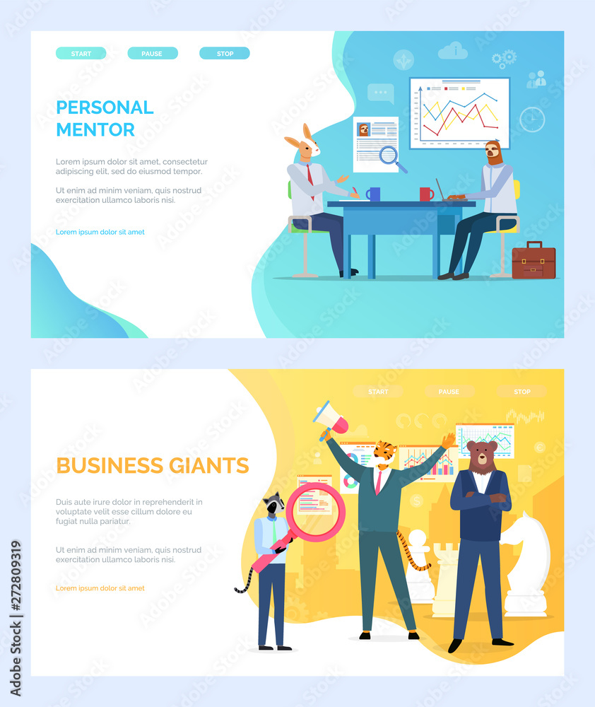Personal mentor vector, deer giving advice to student, business giants tiger with megaphone hipster animal with magnifying glass, sloth on meeting. Website or webpage template, landing page flat style Personal mentor vector, deer giving advice to student, business giants tiger with megaphone hipster animal with magnifying glass, sloth on meeting. Website or webpage template, landing page flat style