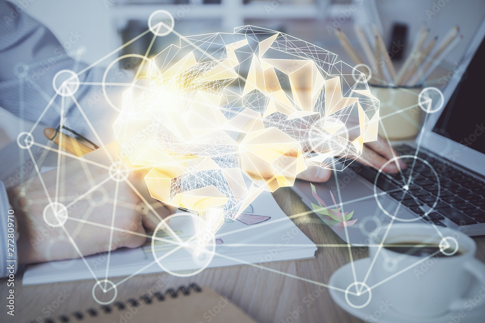 Man typing on keyboard background with brain hologram. Concept of big Data. Double exposure. Man typing on keyboard background with brain hologram. Concept of big Data. Double exposure.