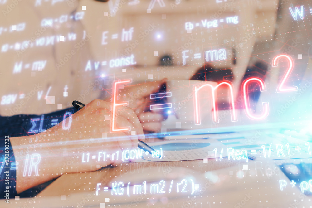 Student or teacher with mathematical and scientific formulas. Concepts of education. Student or teacher with mathematical and scientific formulas. Concepts of education.