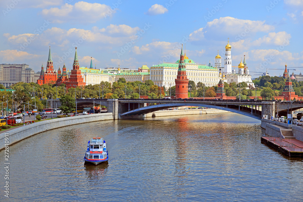 City view of Moscow with the Kremlin and the Big Stone bridge on a summer day