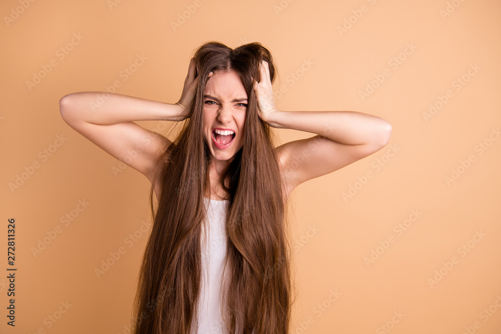 Portrait of her she nice-looking attractive devastated crazy displeased lady showing rage repair loose hair collagen lack disaster isolated on beige pastel background Portrait of her she nice-looking attractive devastated crazy displeased lady showing rage repair loose hair collagen lack disaster isolated on beige pastel background