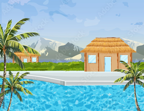 Seaside houses Vector summer background. Tropic paradise blue water and mount...