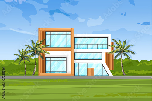 Modern house front view Vector. Architecture facade summer nature backgrounds