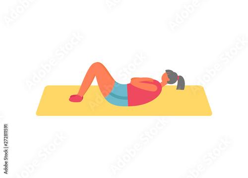 Fitness and exercise, woman doing sit-ups on rug vector. Healthy lifestyle and workout, physical activity and morning training isolated female character