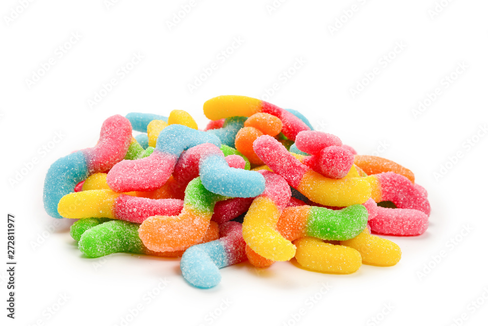 Juicy colorful jelly sweets isolated on white. Gummy candies. Snakes. Juicy colorful jelly sweets isolated on white. Gummy candies. Snakes.
