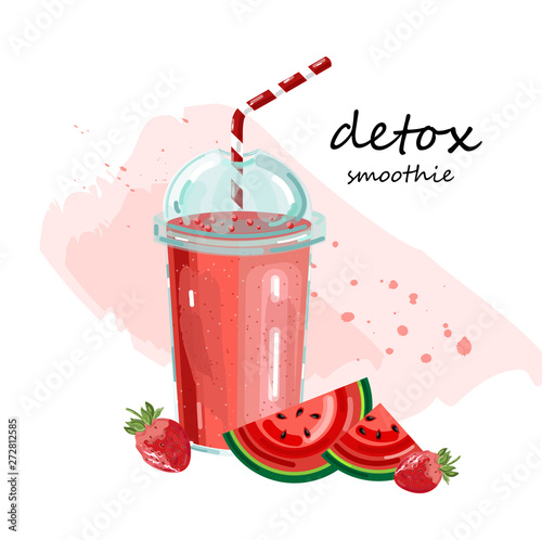 Detox watermelon smoothie Vector. Cocktail drinks Fresh juicy summer beverages
