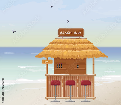 Beach bar Vector. Summer tropic seaside. Wooden house template icons