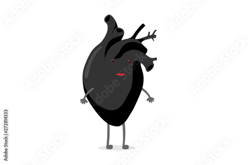 Racism concept. Cartoon heart character emoji confusion emotion. Vector black color circulatory organ illustration