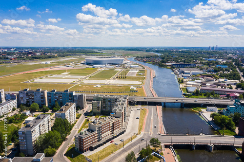 Aerial view of the bridges on the background of the stadium, Kaliningrad, Russia photo