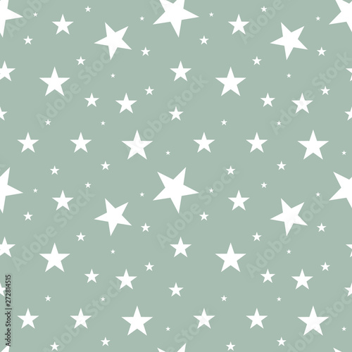 Seamless pattern white stars of different sizes scattered in random order on gray background. Nordic scandinavian retro style. Design template for gift paper wallpaper kids textile
