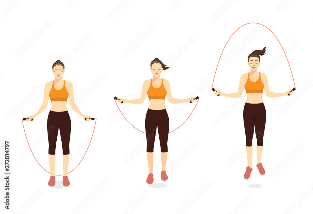 Woman doing Exercise with speed jumping rope in 3 step. Illustration about workout with lightweight equipment. - obrazy, fototapety, plakaty 