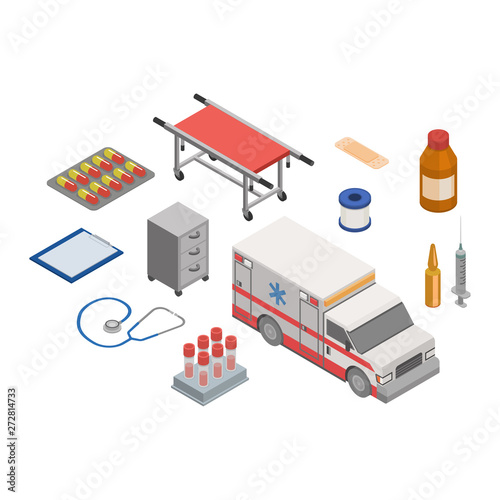 Ambulance vector doctor character ambulance car and pharmacy medicine drugs pills illustration medicatio first-aid isometric set of medical treatment healthcare signs isolated on white background