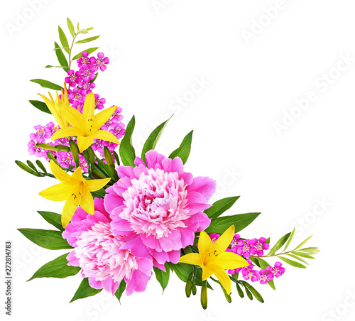 Pink peony flower with yellow lilies in a floral corner arrangement