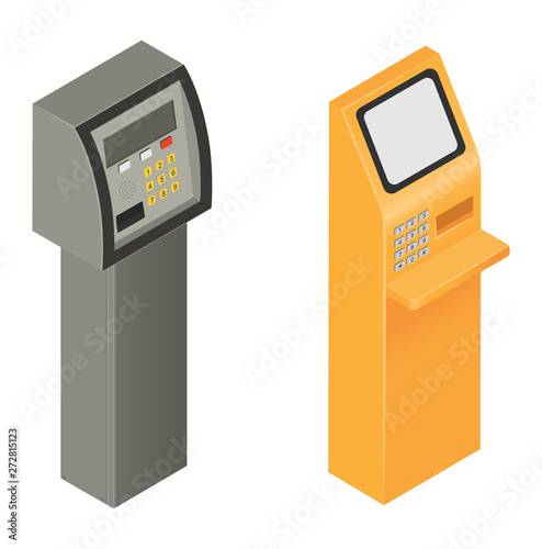 Payment machine vector pos banking terminal for credit card to pay atm bank system machining for paying cardreader in store illustration isometric set isolated on white background
