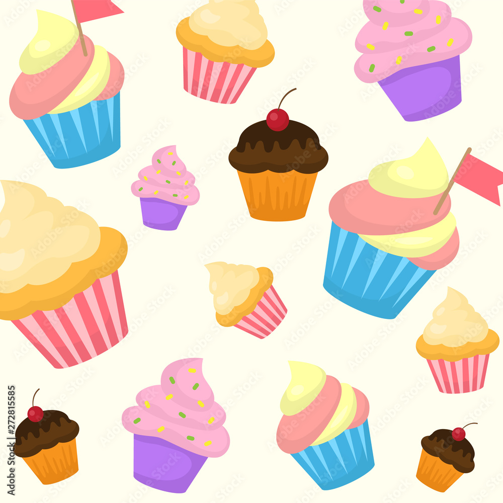 Vector cartoon style seamless pattern with sweet cupcake. Yummy dessert muffins decorated with cherry, pink icing and small red flags on beige background. Vector cartoon style seamless pattern with sweet cupcake. Yummy dessert muffins decorated with cherry, pink icing and small red flags on beige background.