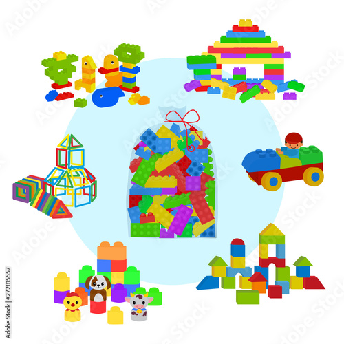Bag full of bricks, wooden cubes and magnetic figures for preschool childrens. Building tower, castle, house and locomotive. Vector illustration elements isolated on white background
