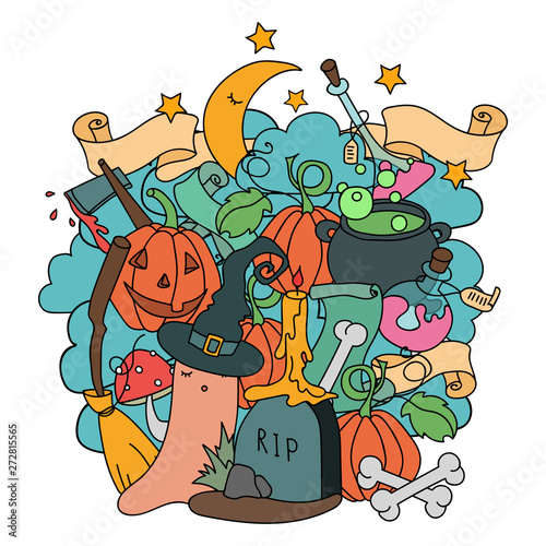 Halloween colorful art in doodle style. Cartoon Halloween decorations  ghost  witch hat  kettle  broomstick  pumpkin and etc. Easy to change color  separated objects.