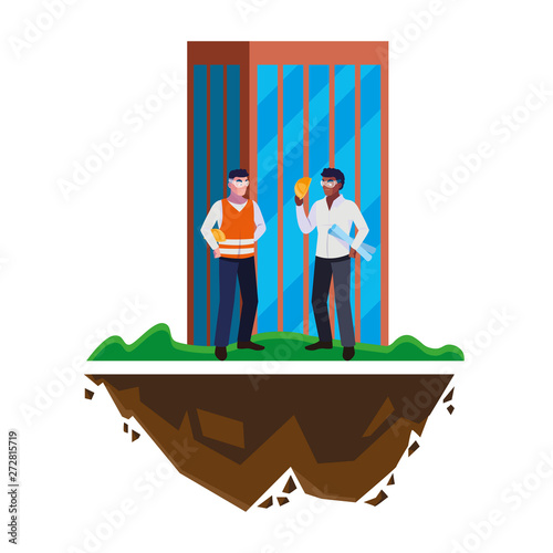 interracial male builders workers with building