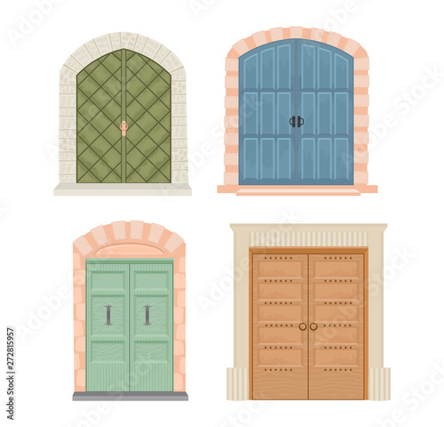 Doors vector vintage doorway front entrance lift entry or elevator indoor house interior illustration set medieval building doorpost doorsill and gate isolated on white background