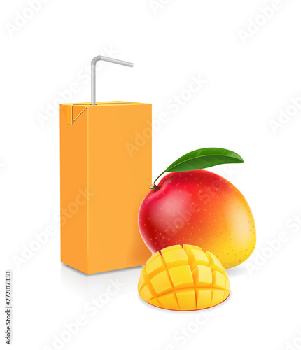 Vector pack of mango juice with drinking straw and sliced mango fruit, isolated on white background
