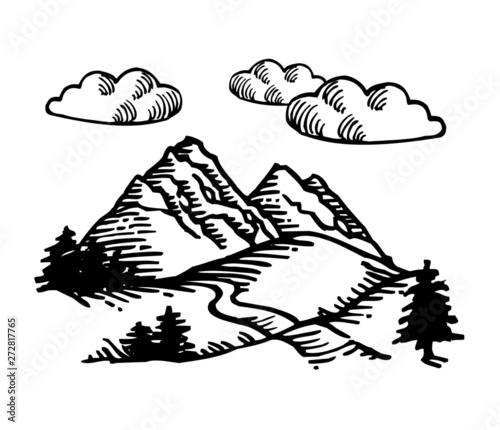 mountain landscape with forest, rocks and sky with clouds, black and white line drawing