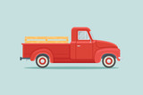 Red retro pickup truck isolated on teal background. Flat style vector illustration.