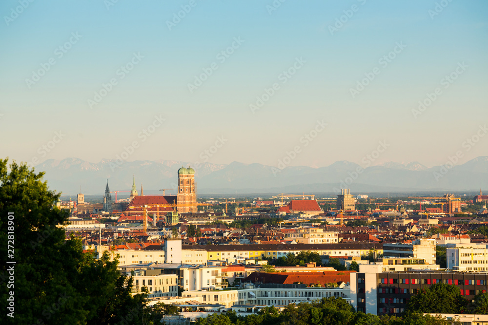 Fototapeta Munich cityscape of city center from Olympia Park