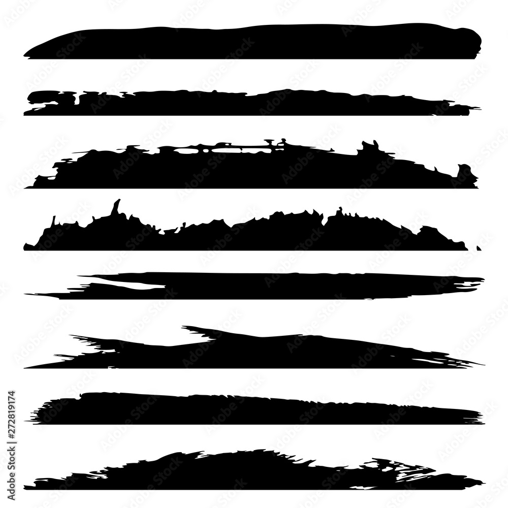 Vector collection of artistic grungy black paint hand made creative brush stroke set isolated on white background. A group of abstract grunge sketches for design education or graphic art decoration