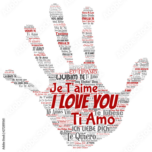 Vector conceptual sweet romantic I love you multilingual message hand print stamp word cloud isolated background. Collage of valentine day, romance affection,  happy emotion or passion lovely concept