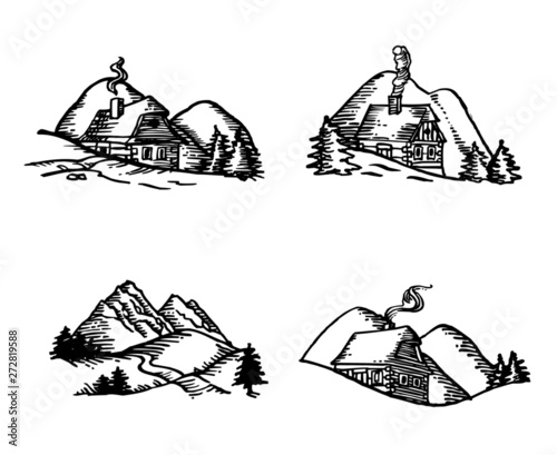 mountain landscape with wooden hut with trees, hills and meadow, black and white line drawing set