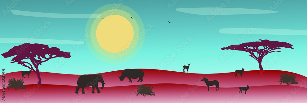 African savanna landscape. Wild animals in National park. Safari travel concept.