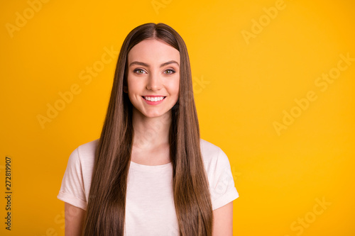 Portrait nice stunning youngster youth happy fun funny funky lovely work worker freelancer job ready have free time weekend she glad her light-colored fashionable outfit isolated vibrant background