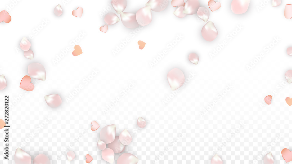 Vector Realistic Petals and Hearts Confetti. Flying Sakura and Hearts on Transparent Background. Wedding Invitation Background. Spring Romance Poster. Vector Illustration for Anniversary Design. Vector Realistic Petals and Hearts Confetti. Flying Sakura and Hearts on Transparent Background. Wedding Invitation Background. Spring Romance Poster. Vector Illustration for Anniversary Design.
