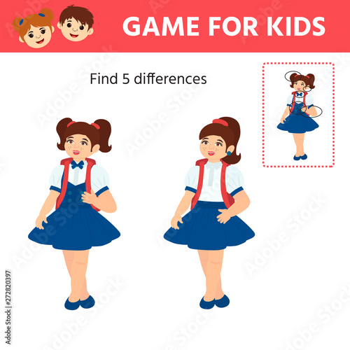 Educational game for children. Find differences. Cartoon vector illustration of cute little schoolgirl. Game tasks for attention. Kids activity sheet