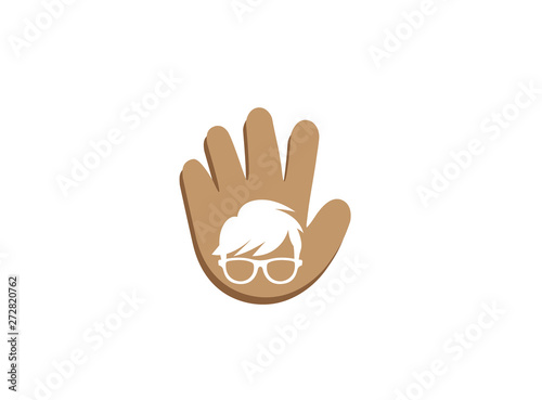 Geek Head with hairstyle wearing glasses for logo design illustration, in a hand shape icon
