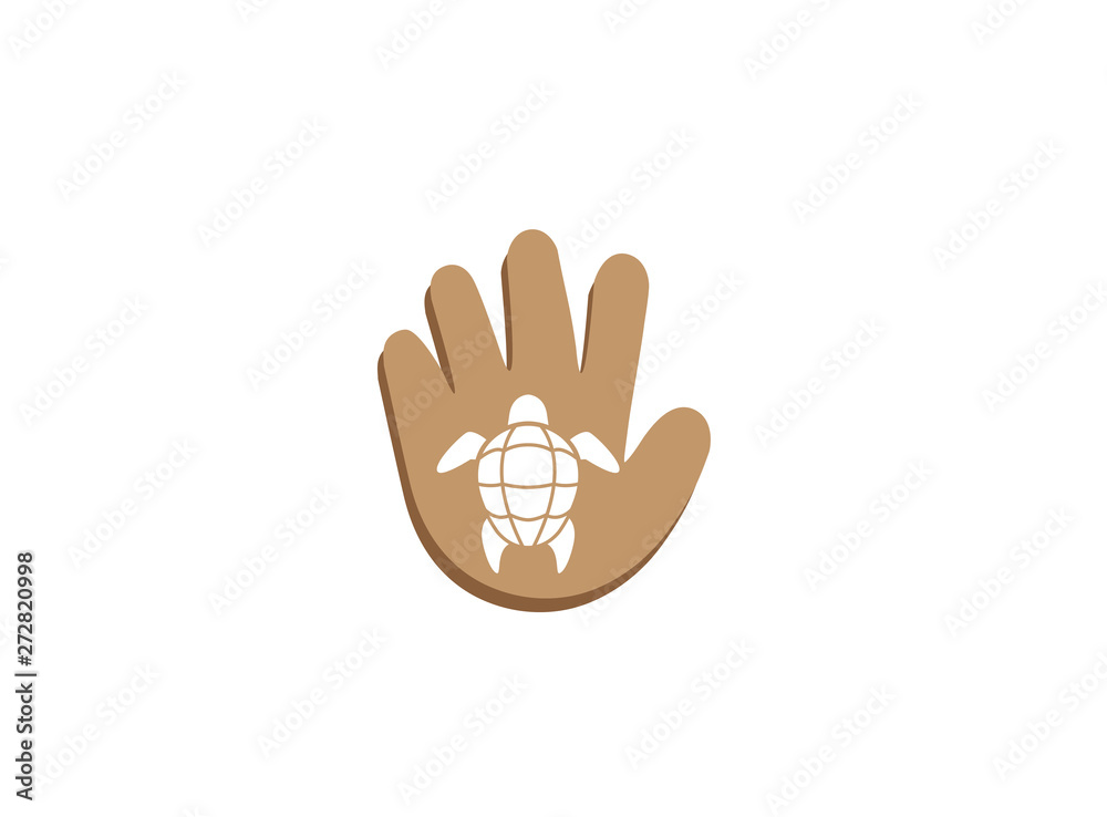 Obraz premium Turtle with green shell swimming for logo design illustration in a hand shape protect icon