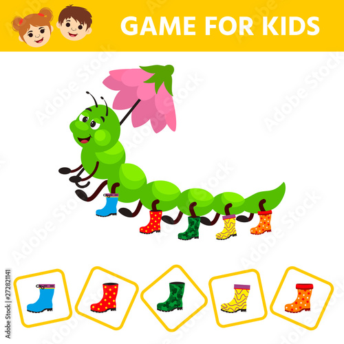 Visual puzzle with aterpillar a centipede in miscellaneous rubber boots. Match the pairs. Find the gumboot that has no pair. Children funny riddle entertainment.