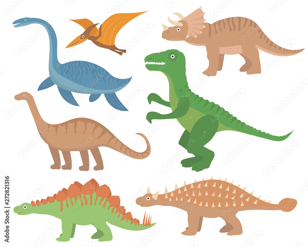 Dinosaurs flat icon set, cartoon style. Collection of objects with pterosaur, stegosaurus, triceratops, allosaurus, tyrannosaurus, apatosaurus, brontosaurus, ankylosaurus, plesiosaurus. Vector