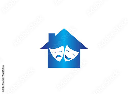 theatrical masks a double face two happy and sad faces for logo design illustration in a house shape home icon