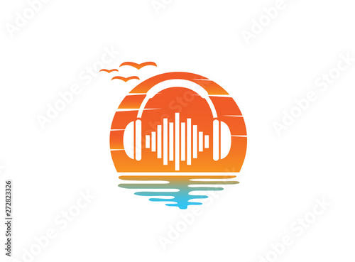Headphones with music beats, Headset Logo design illustration in a sun shape sunset icon