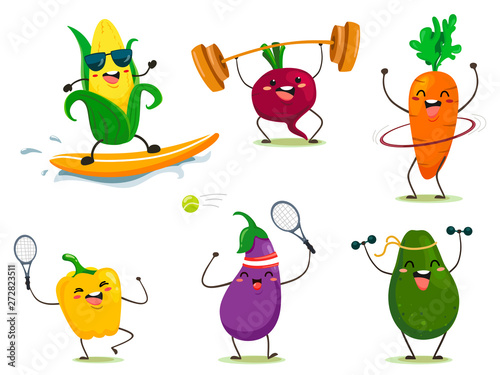 Funny cartoon style vegetables do sports. Vector isolates