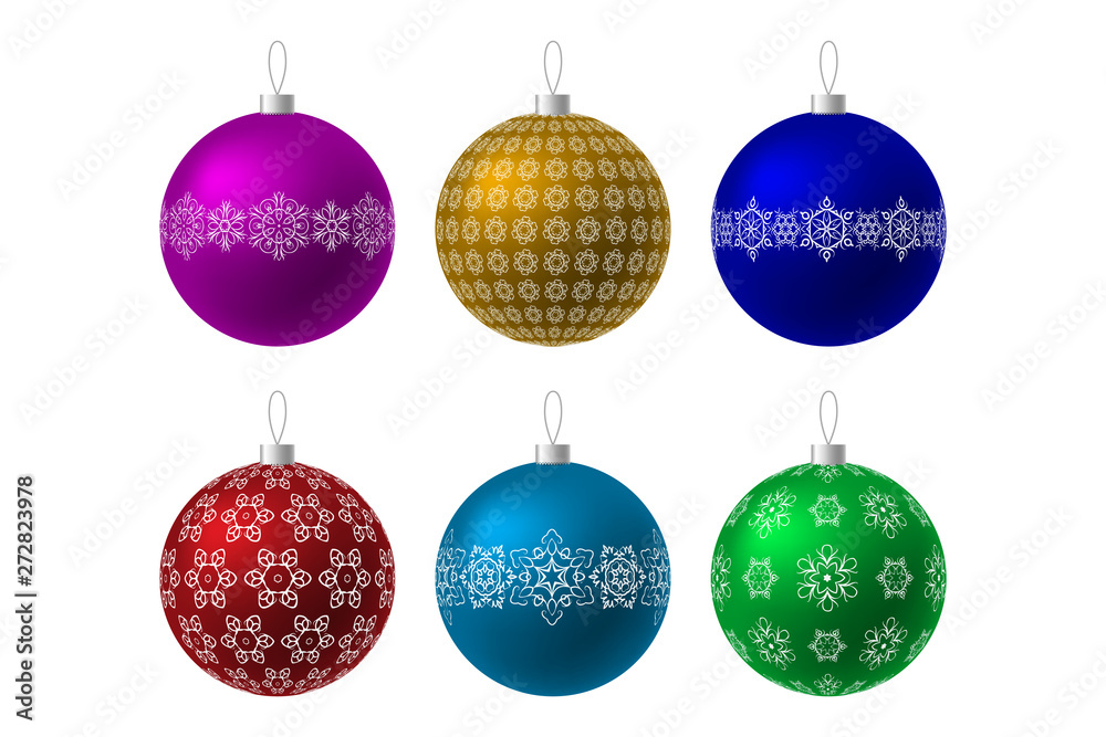 Colorful Christmas balls with ornate ornament on a white background.