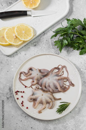 Raw octopuses in a white plate on a light background
