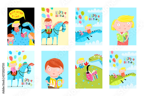 Kids Fun Reading Books Balloons Birthday Fairy Tales Event Cards Collection photo